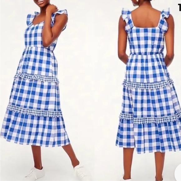 J. Crew Dresses & Skirts - J. CREW Flutter-Sleeve Ruffle-Tiered Midi Dress Gingham Combo Blue White